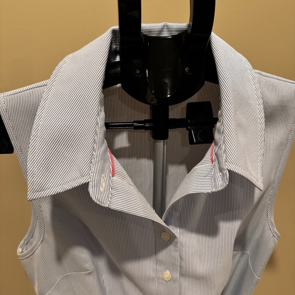 Seersucker Shirt Dress Blue Stripe Sleeveless Belted Preppy Coastal Summer Sz 6 - Picture 8 of 11